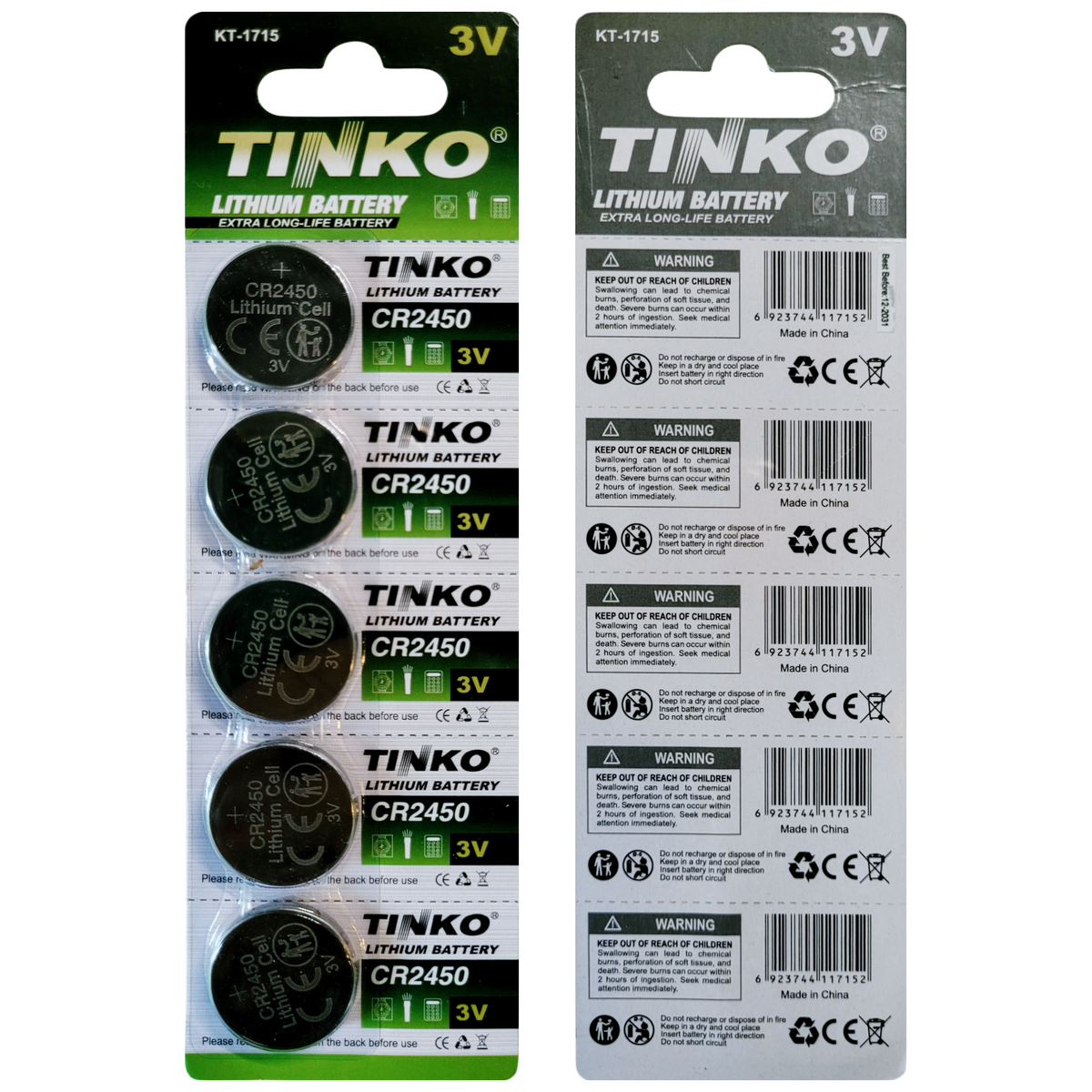 TINKO CR2450 Lithium-Knopfzellen – Originalblisterstreifen, Vorder- und Rückseite