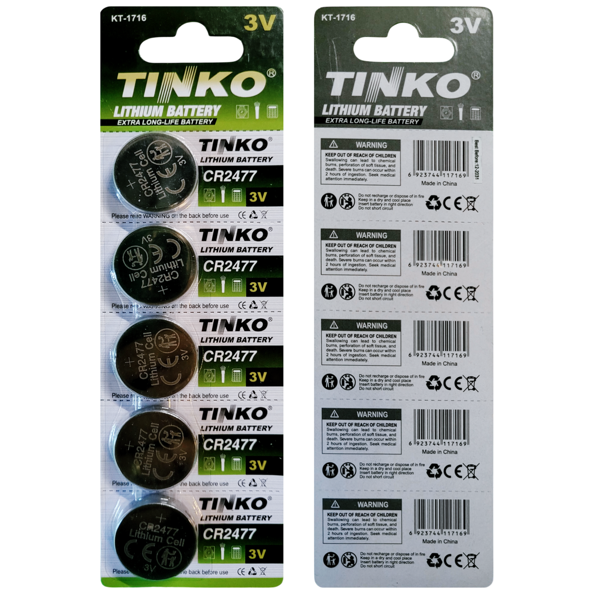TINKO CR2477 Lithium-Knopfzellen – Originalblisterstreifen, Vorder- und Rückseite