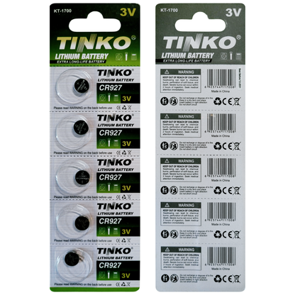 TINKO CR927 Lithium-Knopfzellen – Originalblisterstreifen, Vorder- und Rückseite