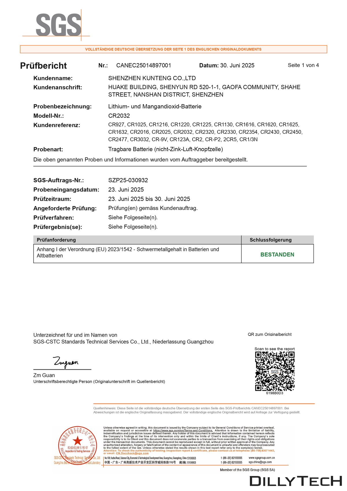 TINKO CR-Lithium-Knopfzellen – deutsche Übersetzung der SGS-Prüfzusammenfassung