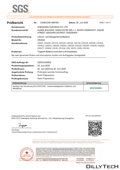 TINKO CR-Lithium-Knopfzellen – deutsche Übersetzung der SGS-Prüfzusammenfassung