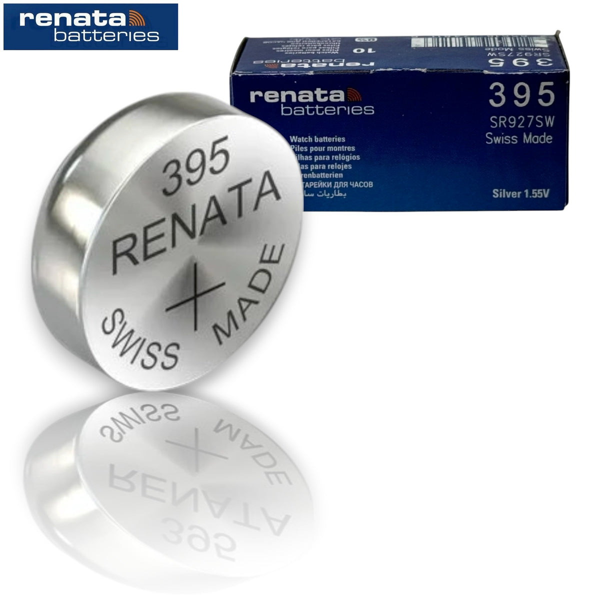 Renata 395 SR927SW – Originalschachtel mit Batterie, Perspektivansicht