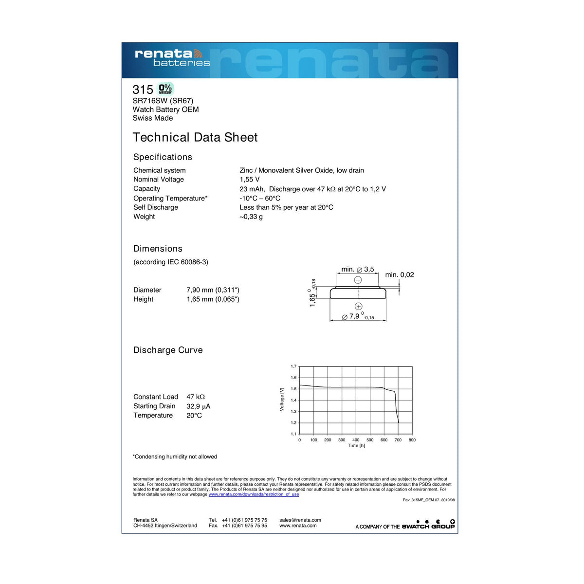 Renata 315 Silver Oxide Knopfzelle – offizielles Technical Data Sheet