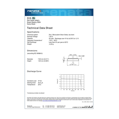 Renata 315 Silver Oxide Knopfzelle – offizielles Technical Data Sheet