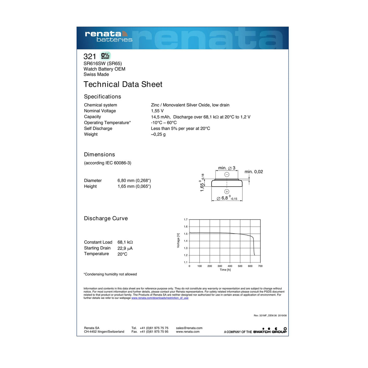Renata 321 Silver Oxide Knopfzelle – offizielles Technical Data Sheet