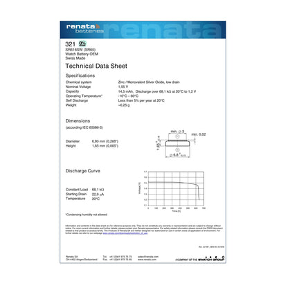 Renata 321 Silver Oxide Knopfzelle – offizielles Technical Data Sheet