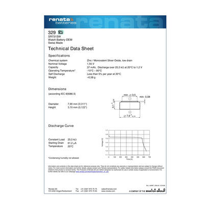 Renata 329 Silver Oxide Knopfzelle – offizielles Technical Data Sheet