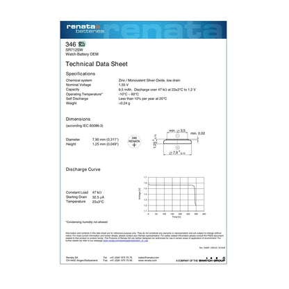 Renata 346 Silver Oxide Knopfzelle – offizielles Technical Data Sheet