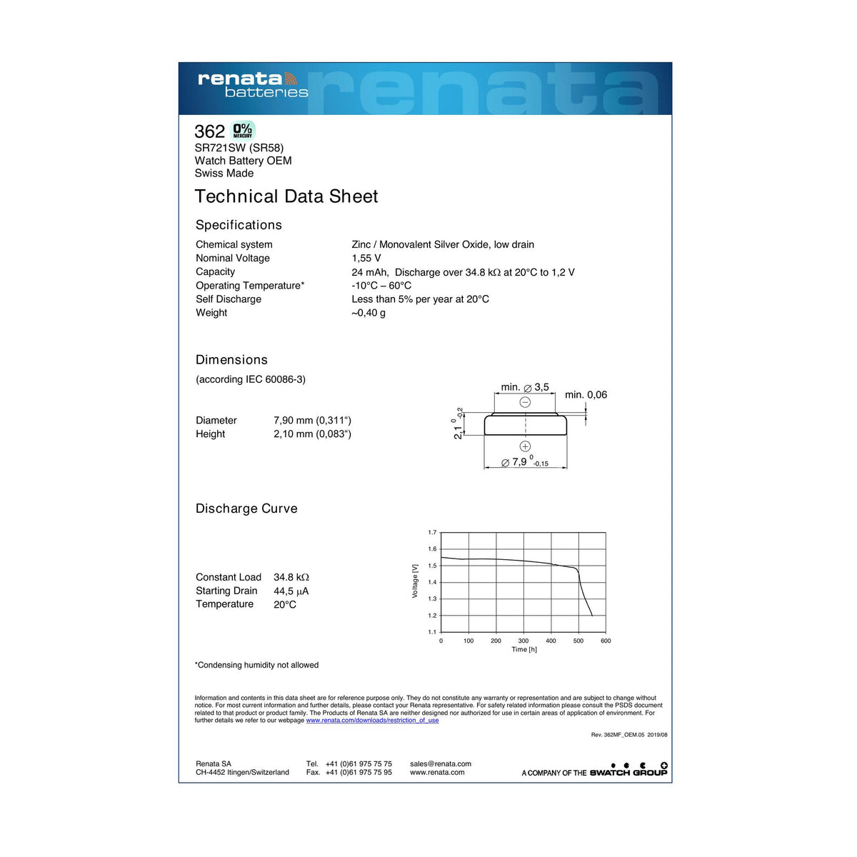 Renata 362 Silver Oxide Knopfzelle – offizielles Technical Data Sheet