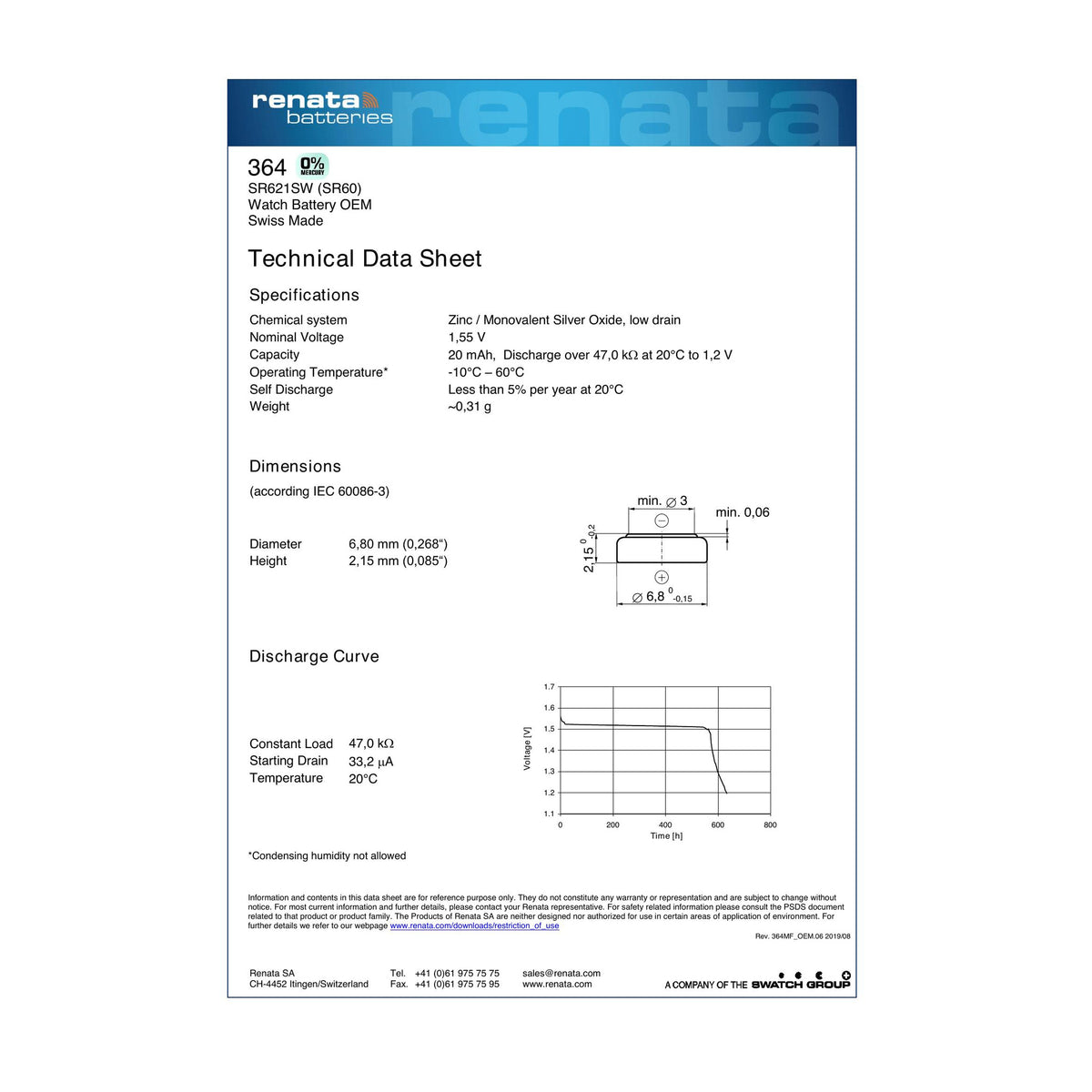 Renata 364 Silver Oxide Knopfzelle – offizielles Technical Data Sheet