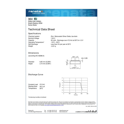 Renata 364 Silver Oxide Knopfzelle – offizielles Technical Data Sheet