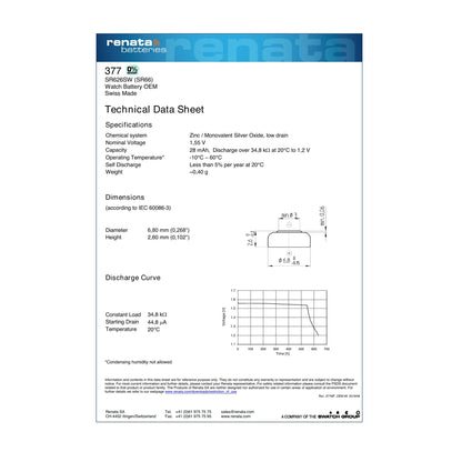 Renata 377 Silver Oxide Knopfzelle – offizielles Technical Data Sheet