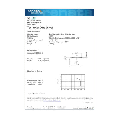 Renata 381 Silver Oxide Knopfzelle – offizielles Technical Data Sheet