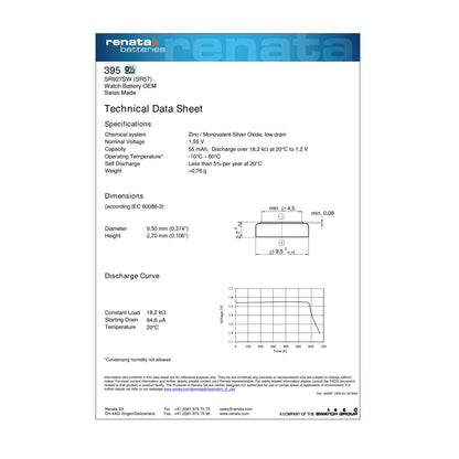 Renata 395 Silver Oxide Knopfzelle – offizielles Technical Data Sheet