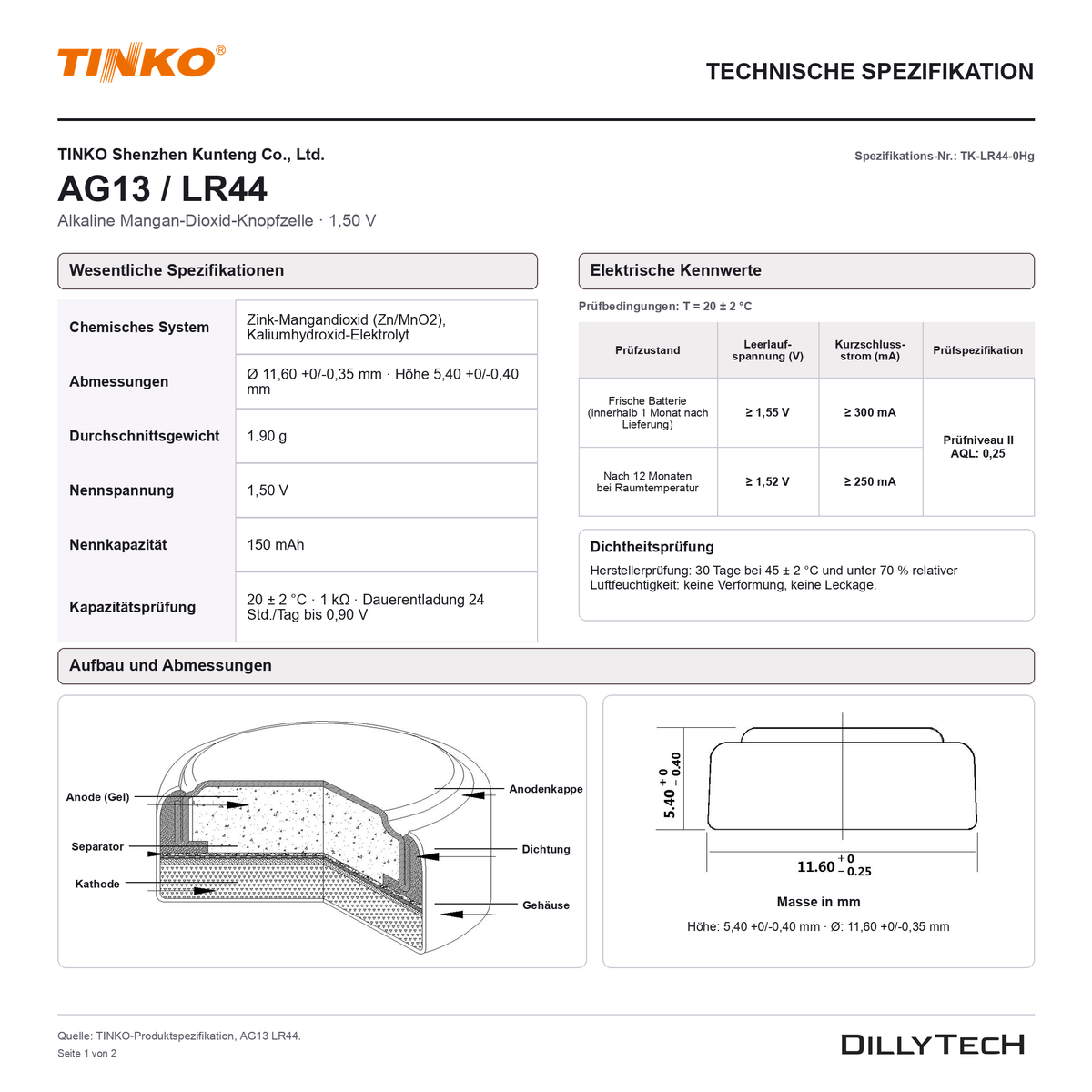 TINKO AG13 – technische Spezifikation, Seite 1