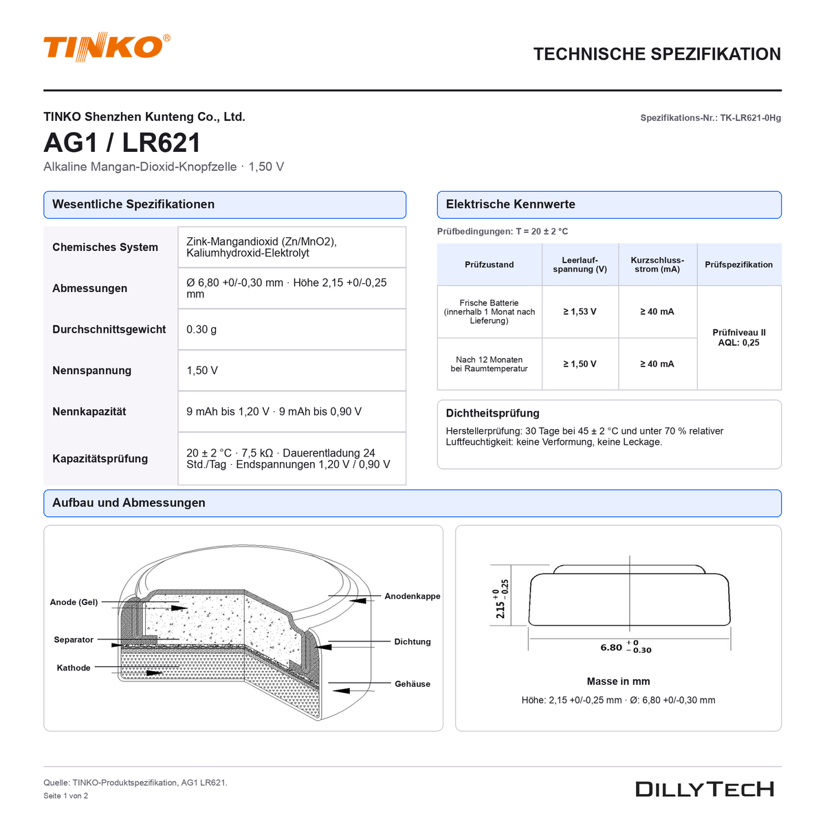 TINKO AG1 – technische Spezifikation, Seite 1