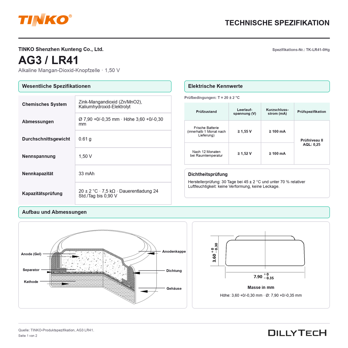 TINKO AG3 – technische Spezifikation, Seite 1