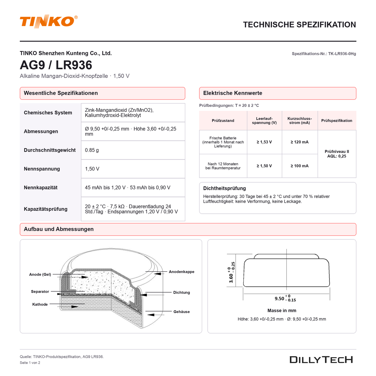 TINKO AG9 – technische Spezifikation, Seite 1