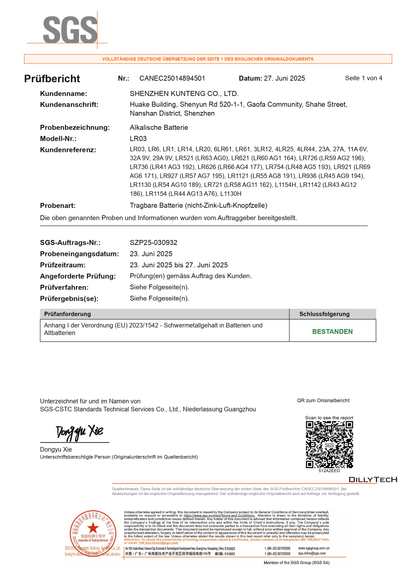 TINKO AG-Knopfzellen – deutsche Übersetzung der SGS-Prüfzusammenfassung