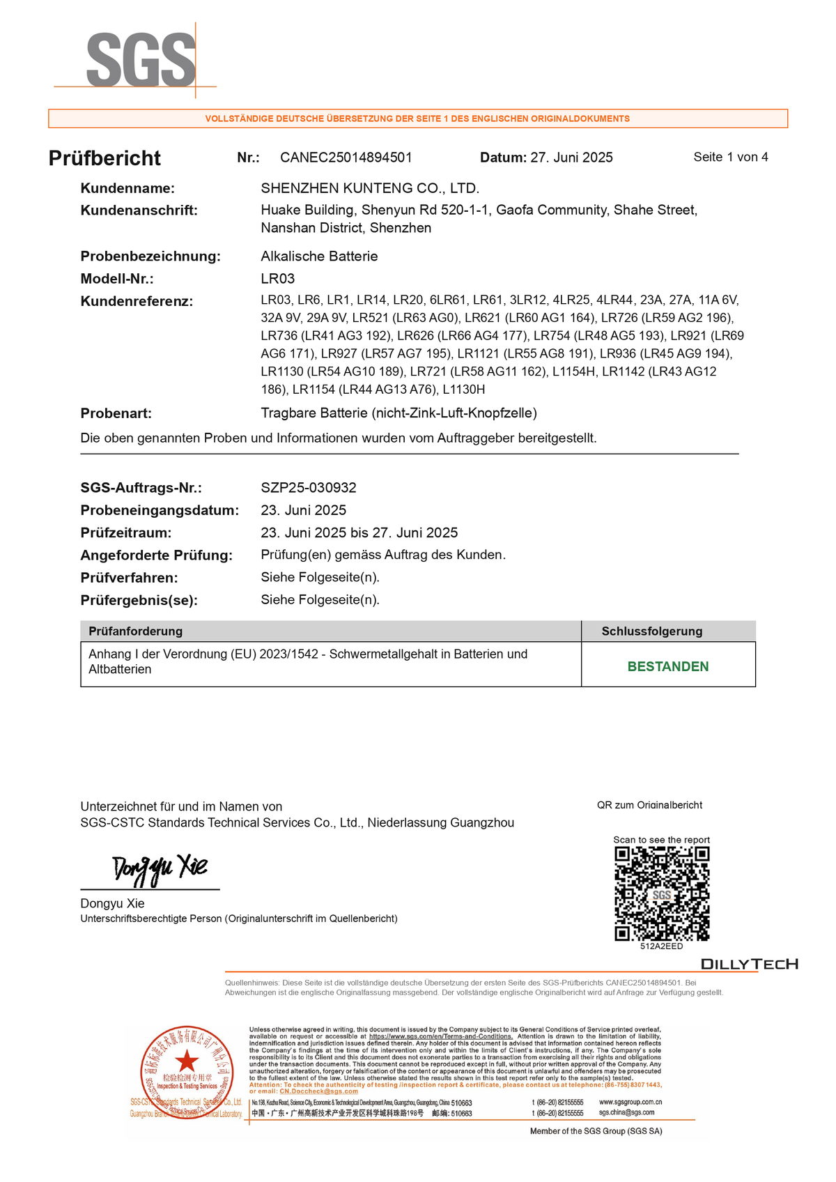 TINKO AG-Knopfzellen – deutsche Übersetzung der SGS-Prüfzusammenfassung