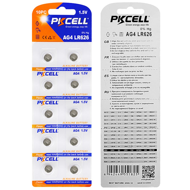 PKCELL AG4/LR66/SR626SW/377 Alkaline Button Battery Blister - 10 Pcs