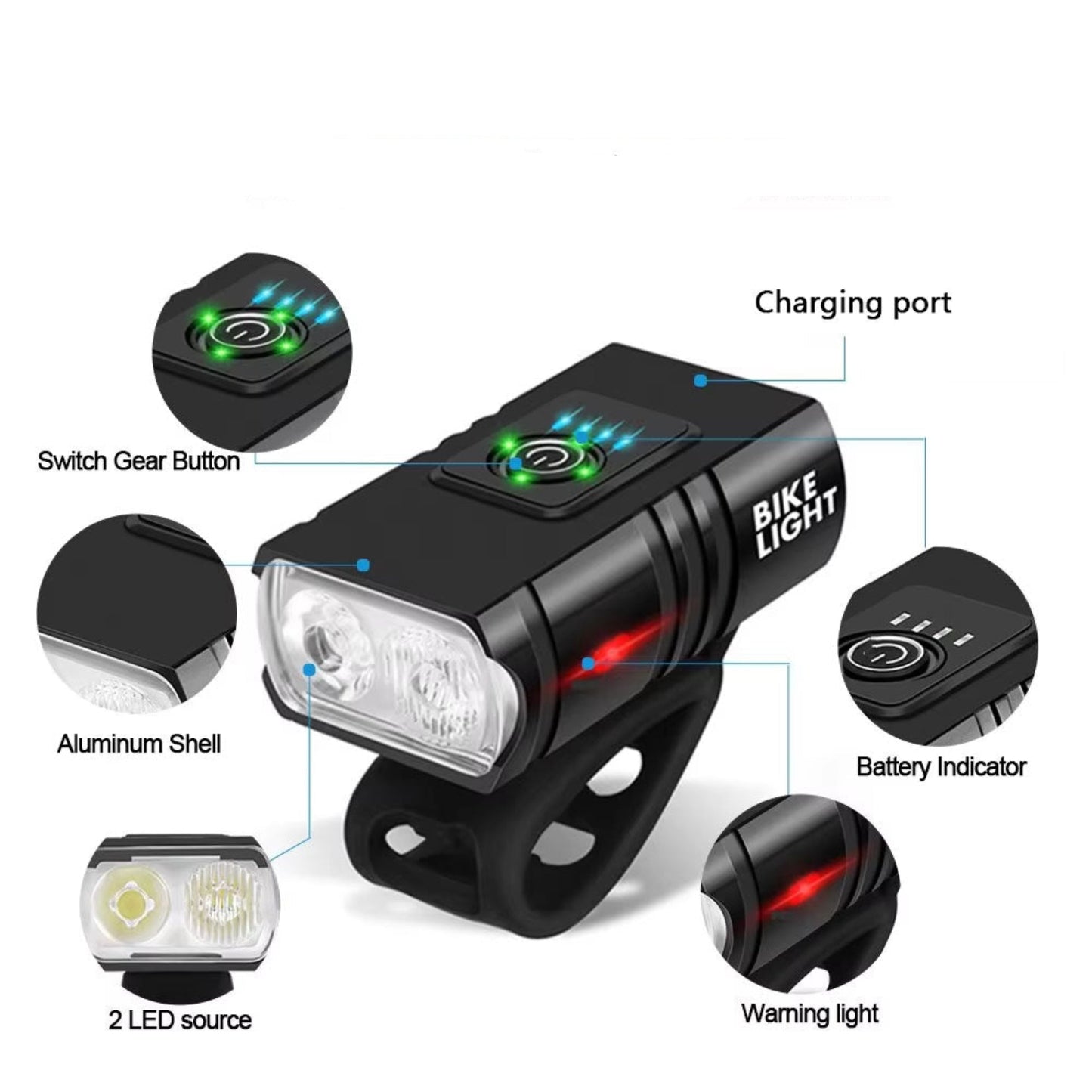 Feu avant de vélo rechargeable à LED BK-02 à 6 modes