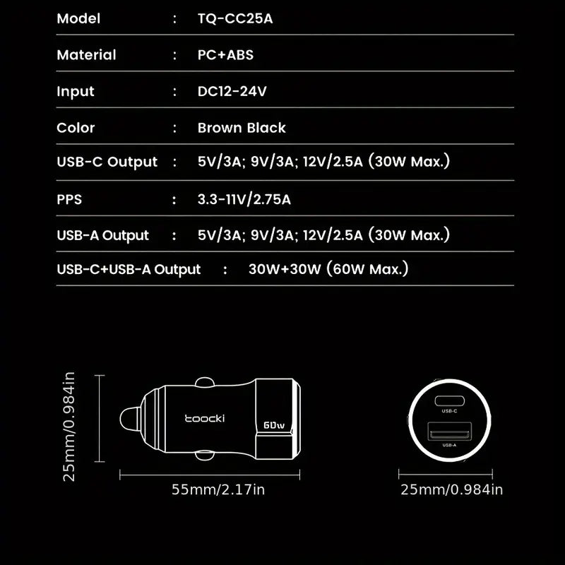 60W Toocki USB-C & USB-A Car Charger with PD, QC 3.0
