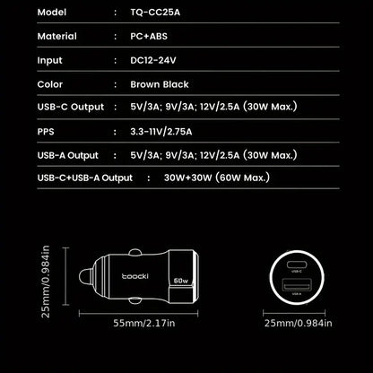 60W Toocki USB-C & USB-A Car Charger with PD, QC 3.0