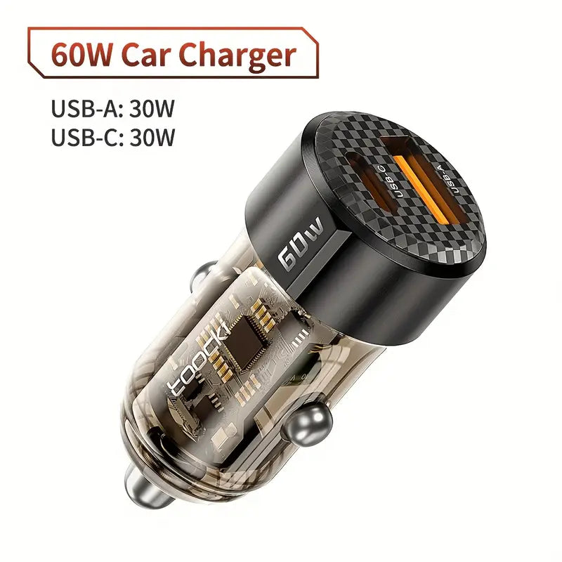 60W Toocki USB-C & USB-A Car Charger with PD, QC 3.0