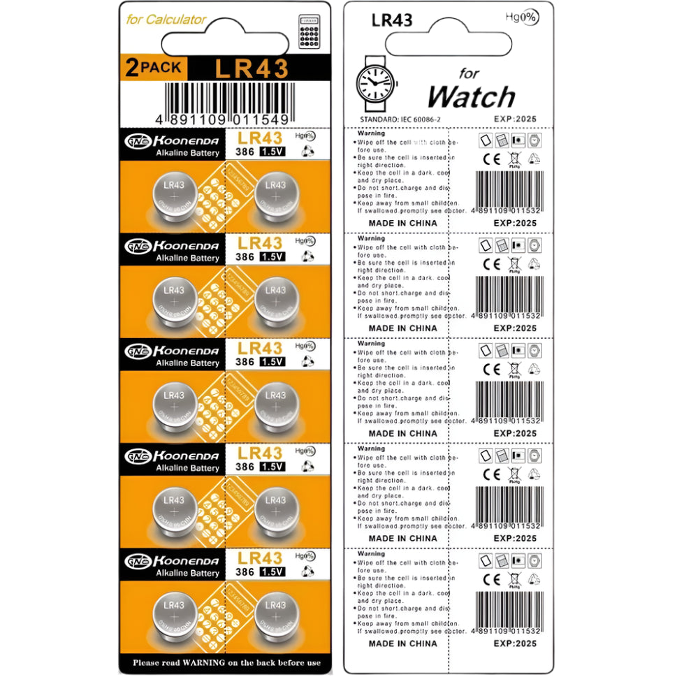 Koonenda AG12/LR43/SR43/301 Alkaline Button Battery Blister - 10 Pcs