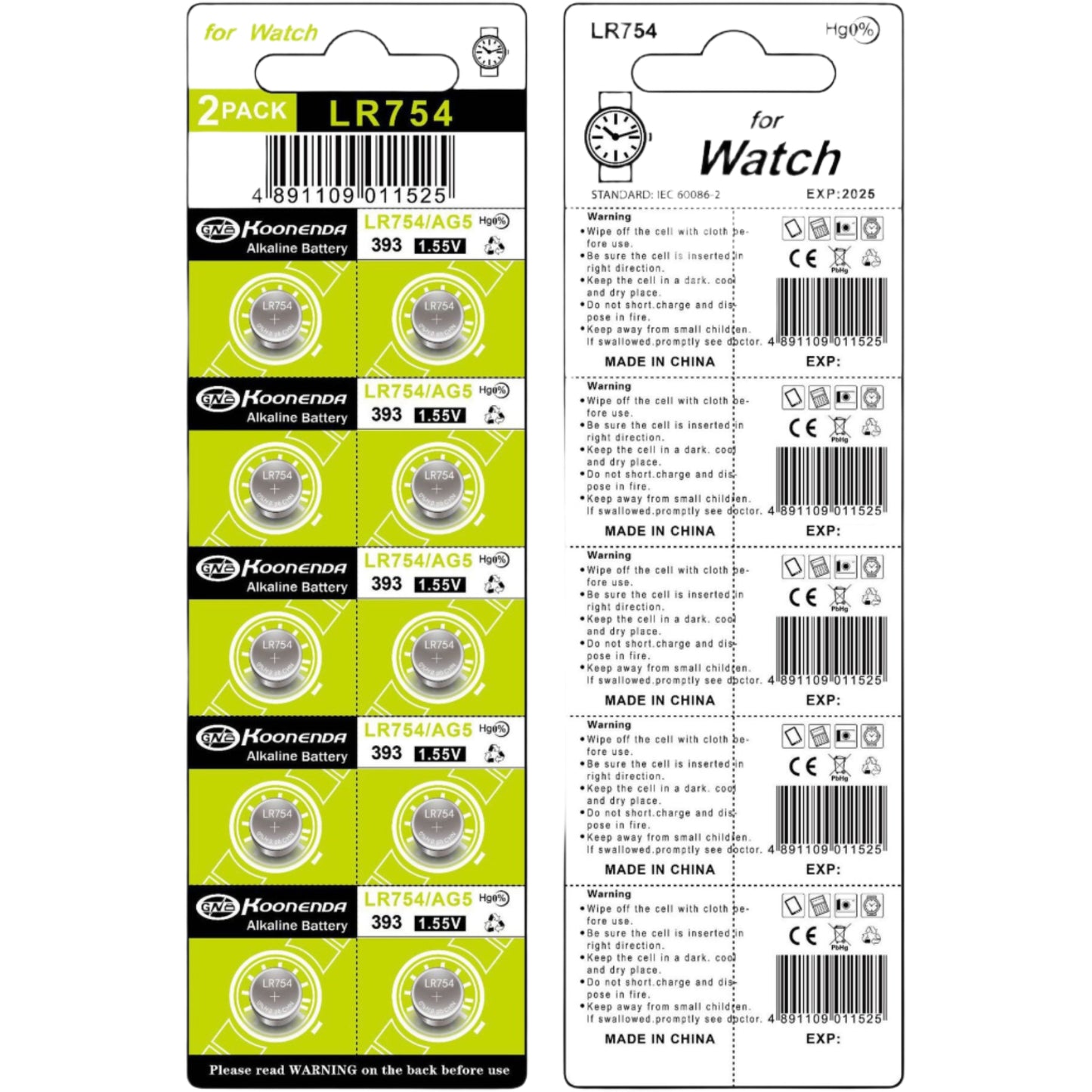 Koonenda AG5/LR754/SR48SW/SR48 Alkaline-Knopfzellen - 10 Stück