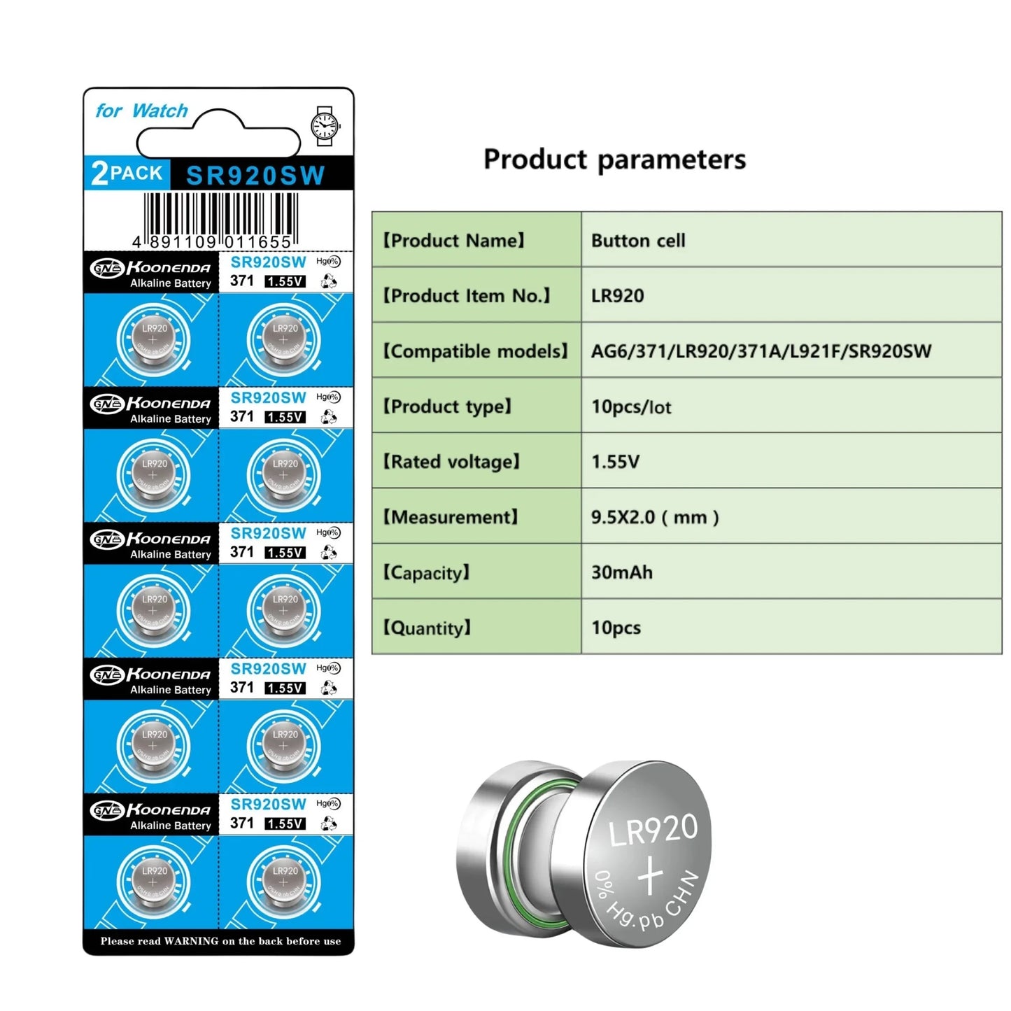 Koonenda AG6/LR920/370/SR920SW Alkaline Button Battery Blister - 10 Pcs