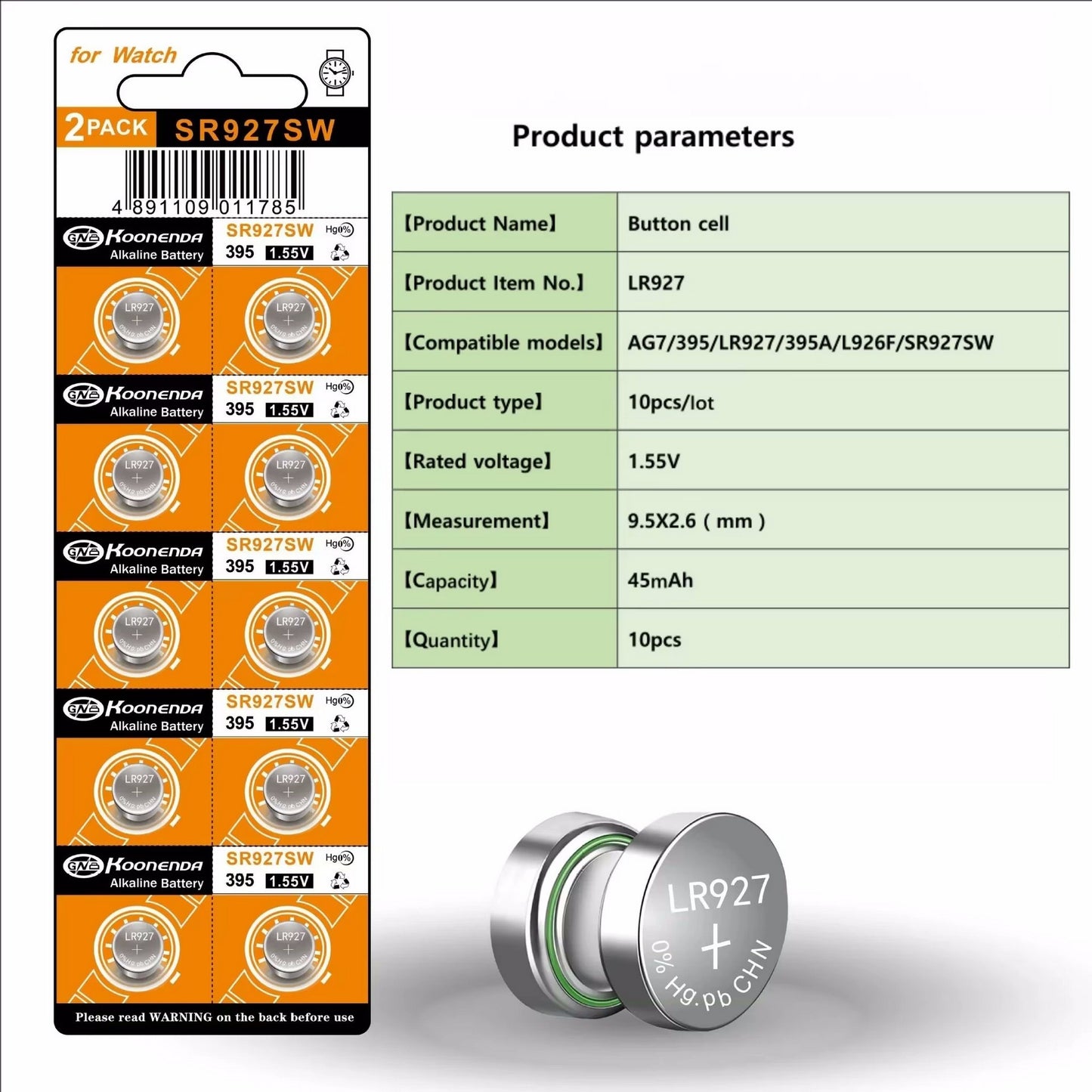 Koonenda AG7/LR927/SR327W/SR57 Alkaline-Knopfzellen - 10 Stück
