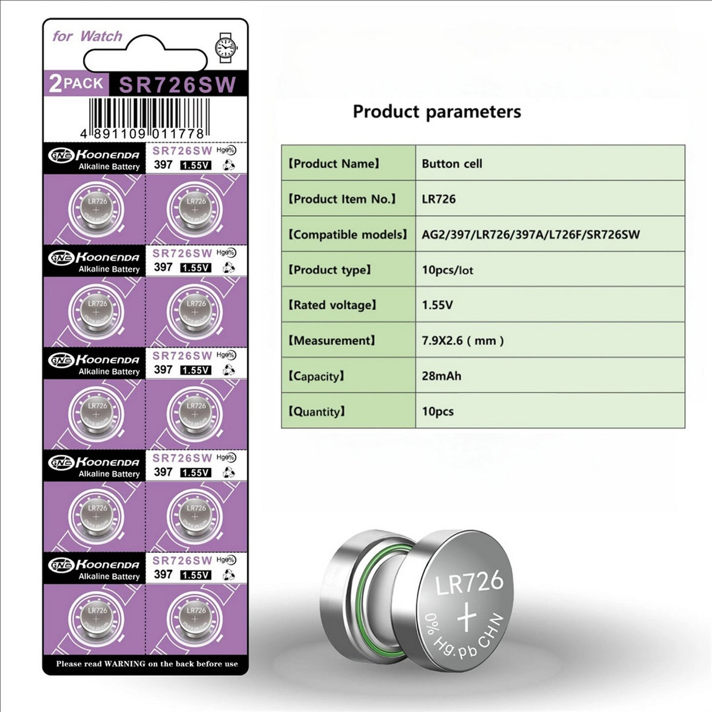 Koonenda AG2/LR59/SR726SW Alkaline Button Battery Blister - 10 Pcs