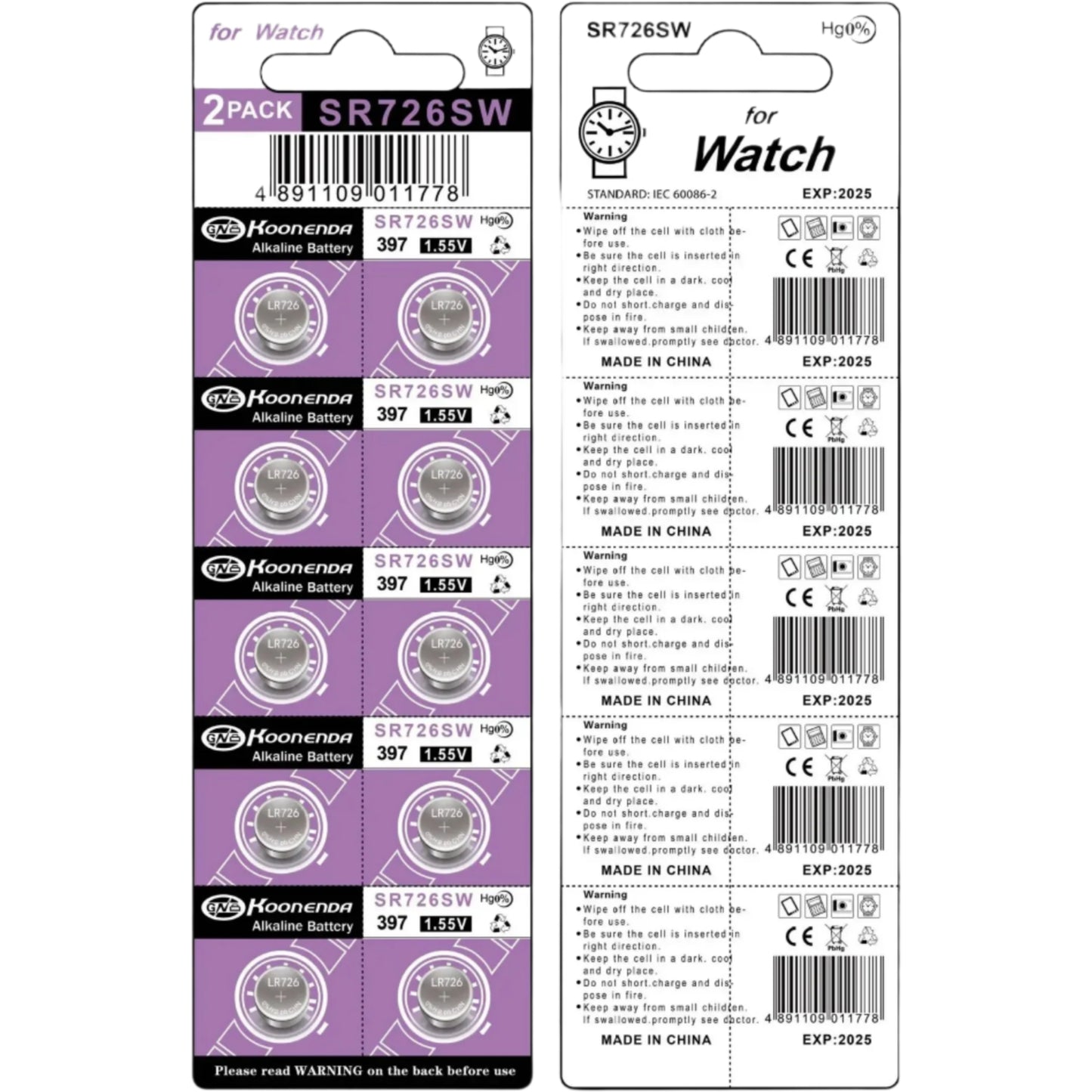 Koonenda AG2/LR59/SR726SW Alkaline Button Battery Blister - 10 Pcs