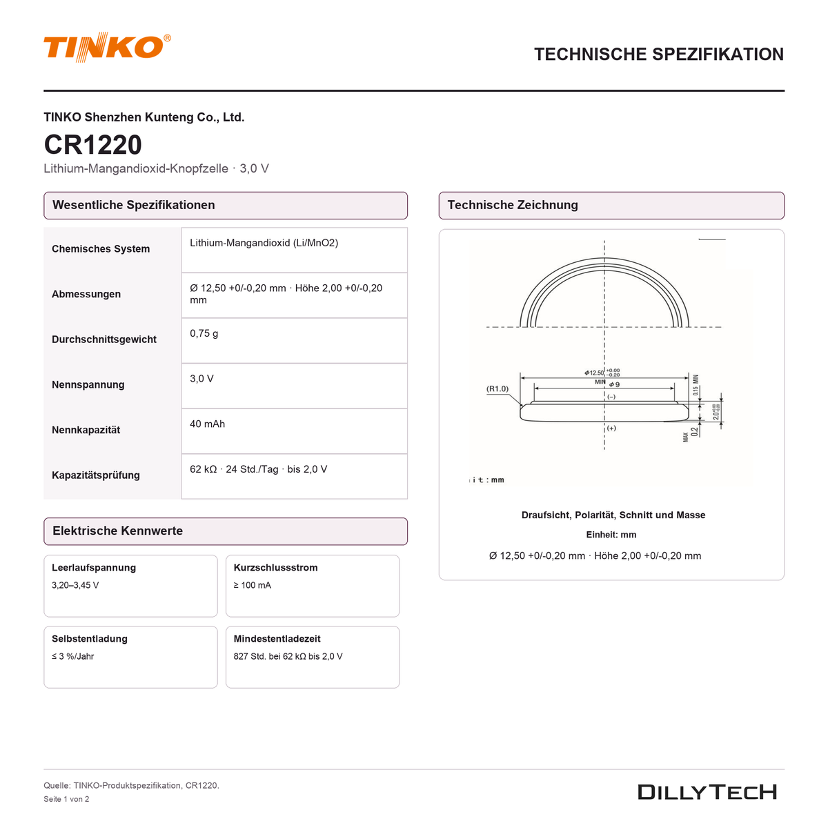 TINKO CR1220 – technische Spezifikation, Seite 1