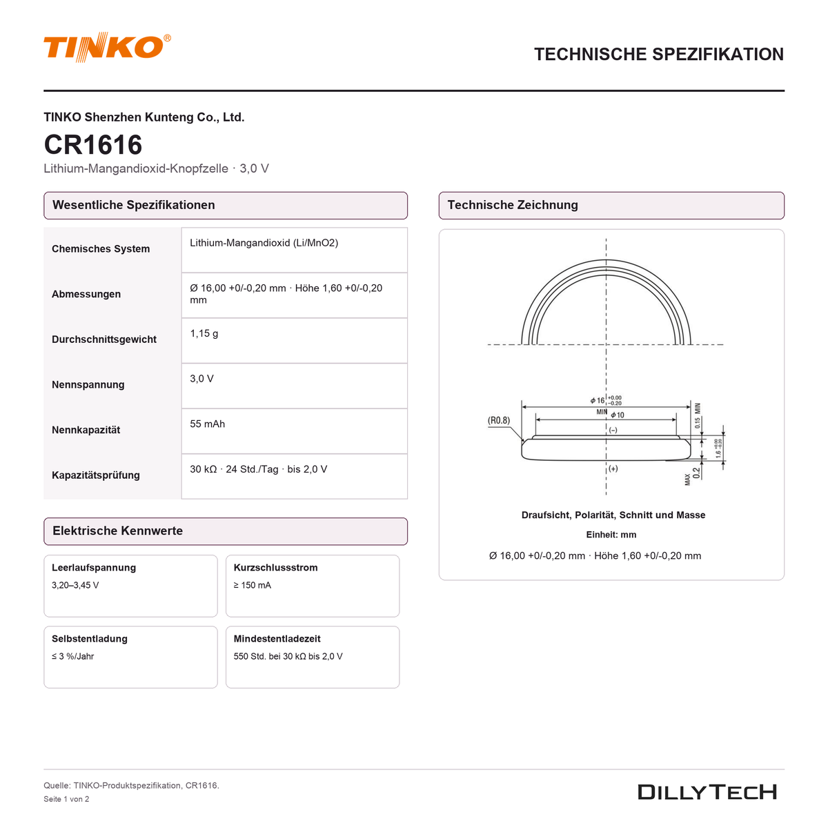 TINKO CR1616 – technische Spezifikation, Seite 1