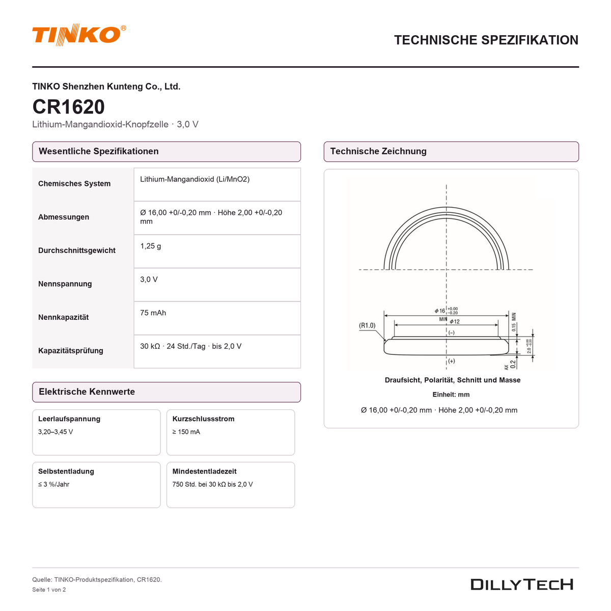 TINKO CR1620 – technische Spezifikation, Seite 1
