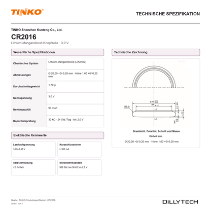 TINKO CR2016 – technische Spezifikation, Seite 1