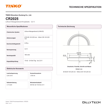 TINKO CR2025 – technische Spezifikation, Seite 1
