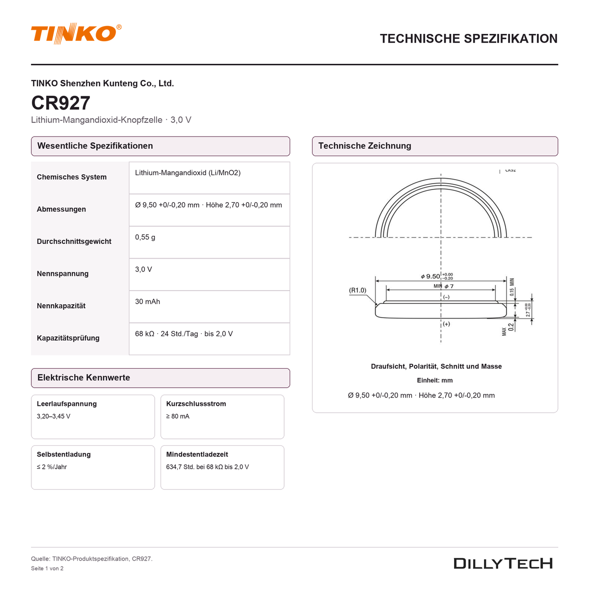TINKO CR927 – technische Spezifikation, Seite 1