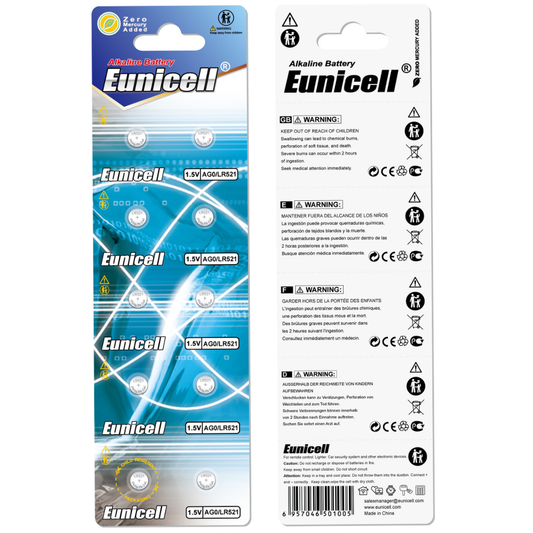Eunicell AG0/LR521/SR63/379 Alkaline Button Battery Blister – 10 Pcs