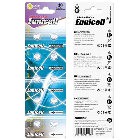 Eunicell AG11/LR721/362 Alkaline Button Battery Blister – 10 Pcs