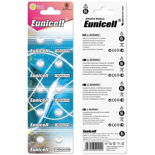 Eunicell AG2/LR59/SR726SW Alkaline Button Battery Blister - 10 Pcs