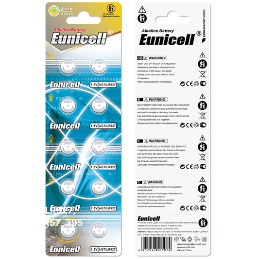 Eunicell AG7/LR927/399 Alkaline Button Battery Blister – 10 Pcs
