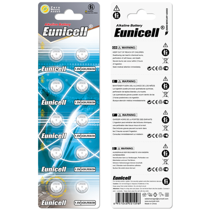 Eunicell AG9/LR45/SR936SW Alkaline Button Battery Blister - 10 Pcs