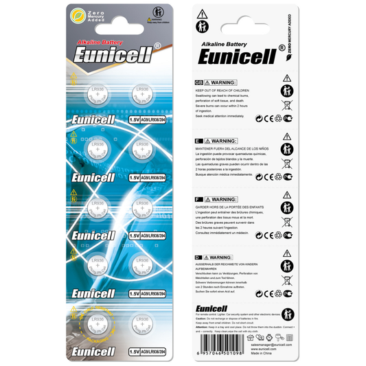 Eunicell AG9/LR45/SR936SW Alkaline Button Battery Blister - 10 Pcs