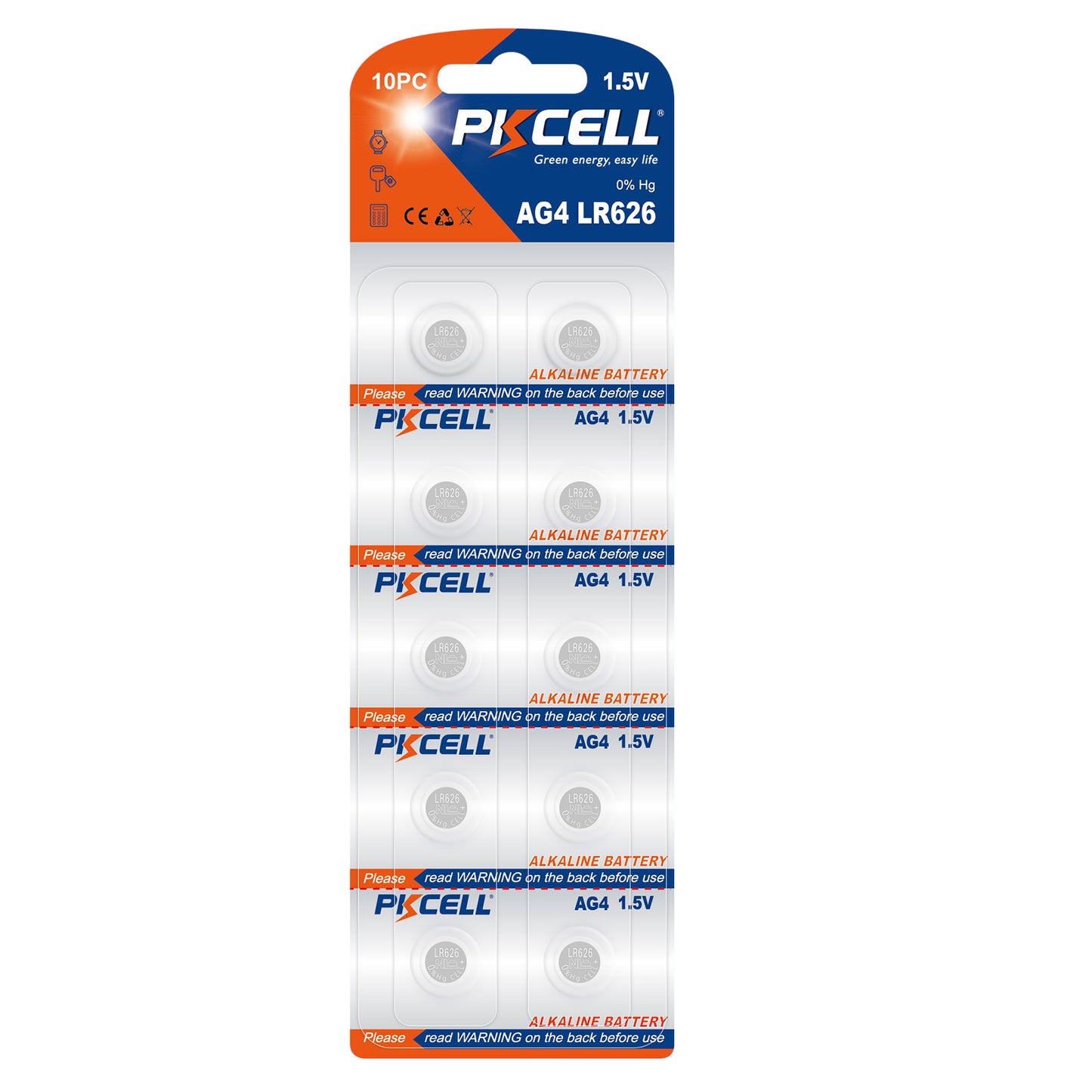 PKCELL AG4/LR66/SR626SW/377 Alkaline Button Battery Blister - 10 Pcs