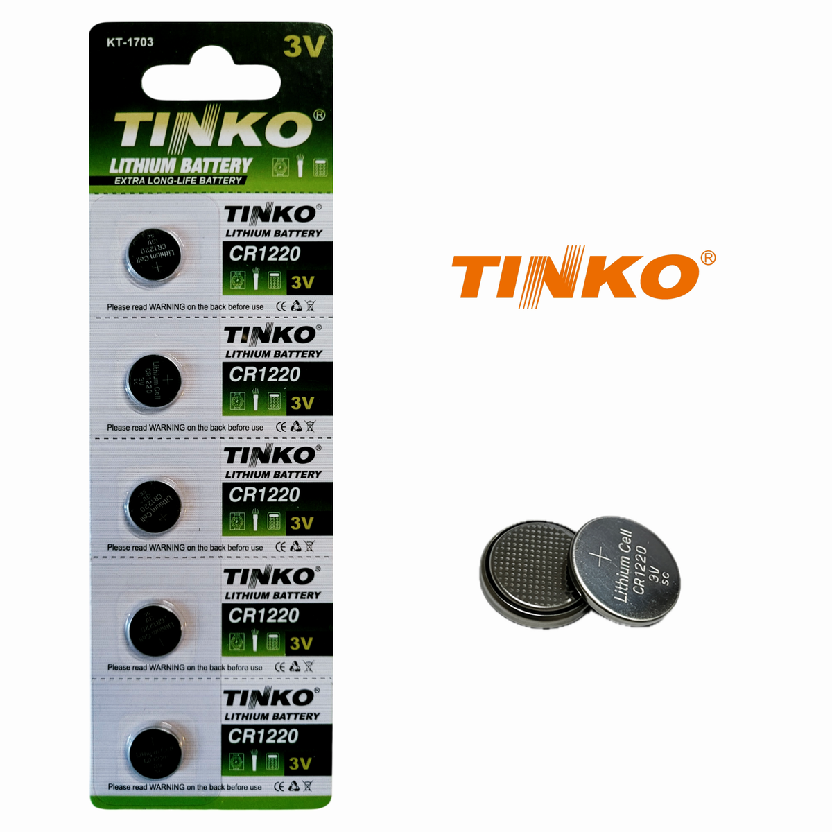 TINKO CR1220 – Vorderseite mit TINKO-Logo und passenden Knopfzellen