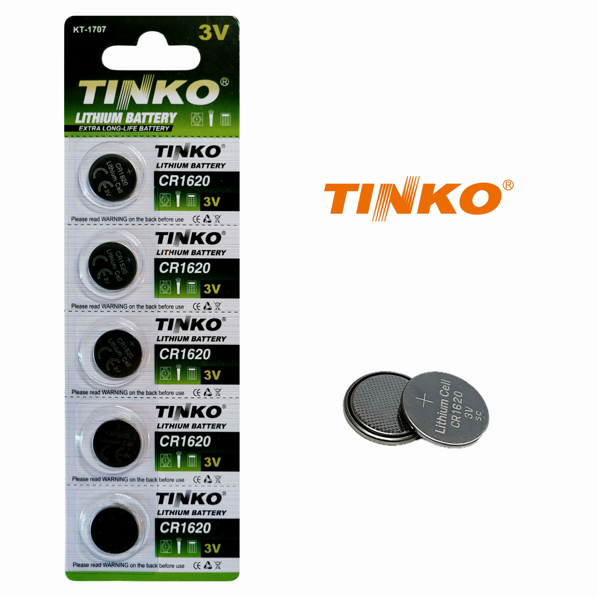 TINKO CR1620 – Vorderseite mit TINKO-Logo und passenden Knopfzellen